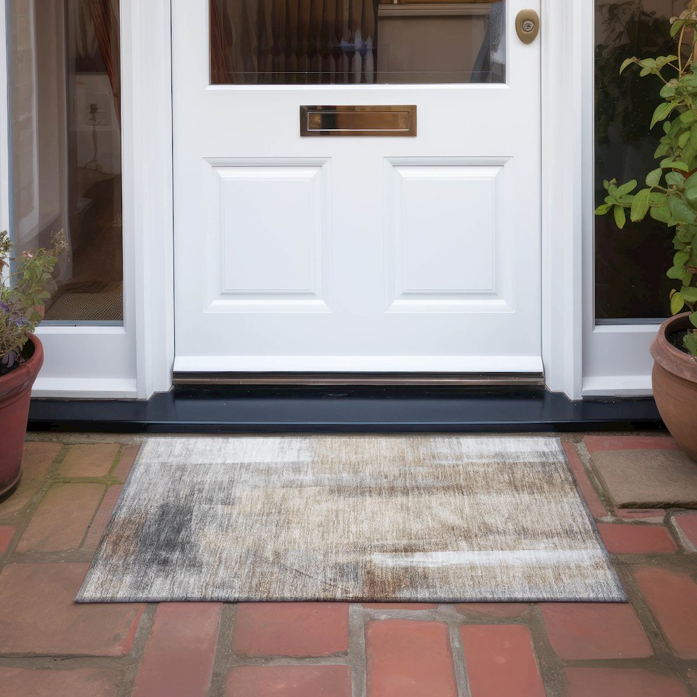 Machine Washable Indoor/Outdoor Chantille Beige 1'8" x 2'6" Rug. Picture 6