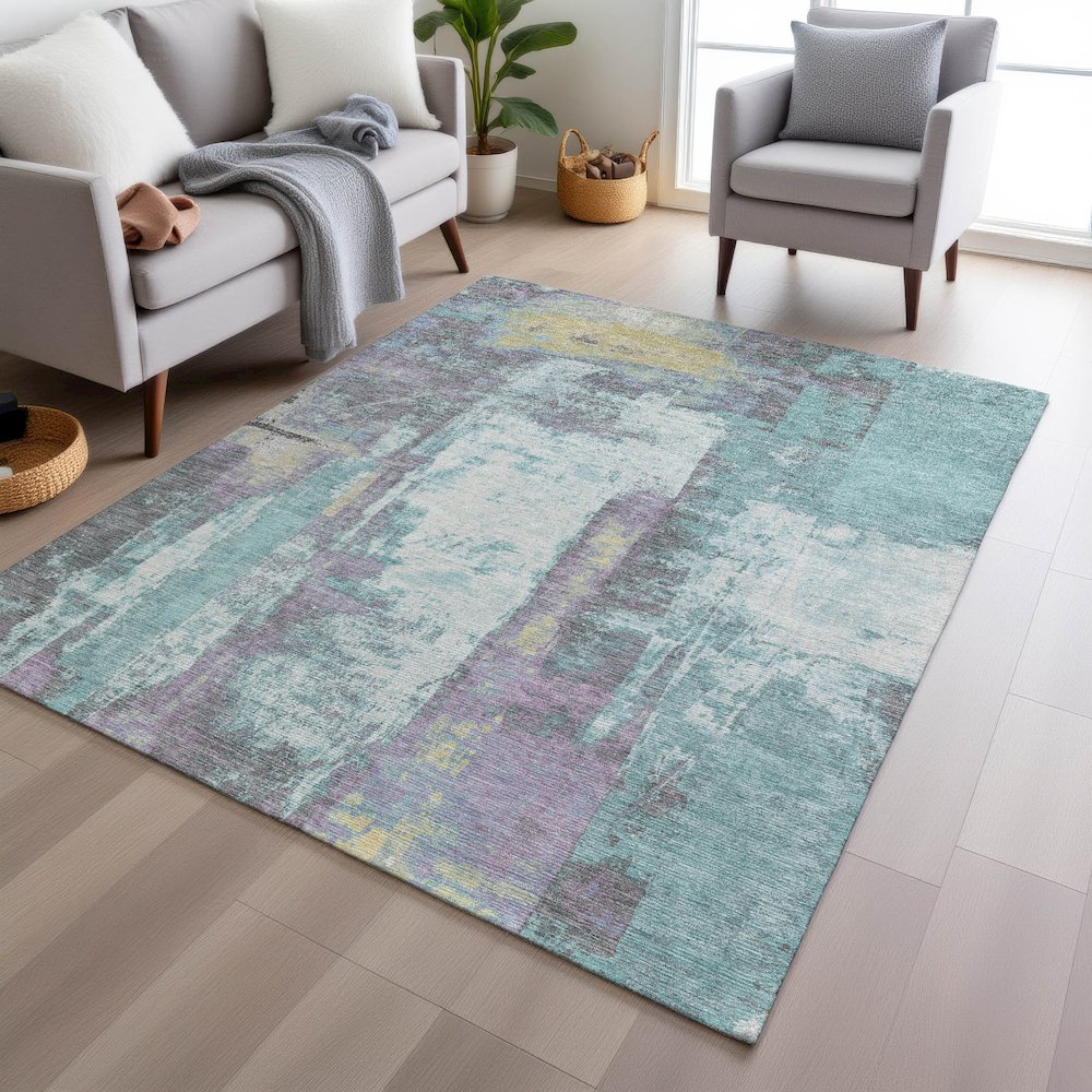 Machine Washable Indoor/Outdoor Chantille Teal 2'6" x 3'10" Rug. Picture 5