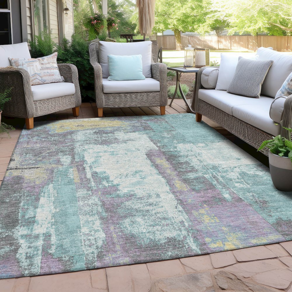 Machine Washable Indoor/Outdoor Chantille Teal 2'6" x 3'10" Rug. Picture 7