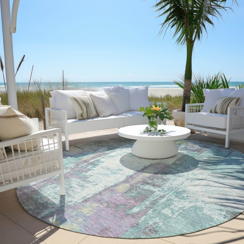 Machine Washable Indoor/Outdoor Chantille Teal 8' x 8' Round Rug. Picture 6