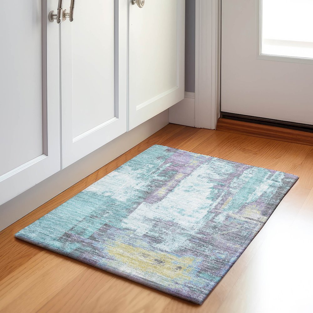 Machine Washable Indoor/Outdoor Chantille Teal 1'8" x 2'6" Rug. Picture 5