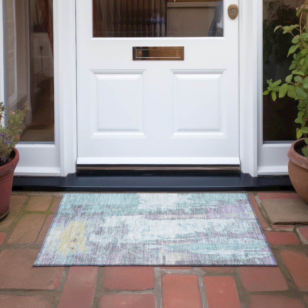Machine Washable Indoor/Outdoor Chantille Teal 1'8" x 2'6" Rug. Picture 6