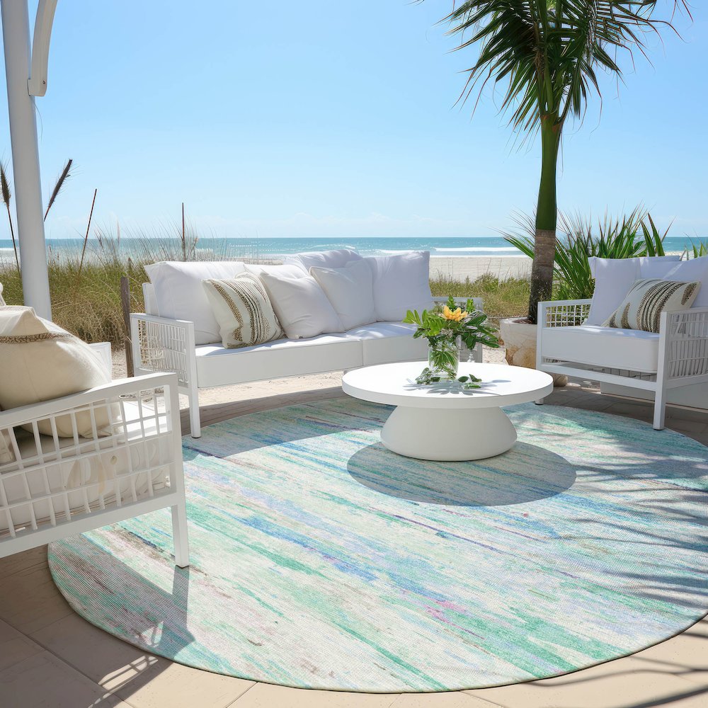 Machine Washable Indoor/Outdoor Chantille Teal 8' x 8' Round Rug. Picture 6