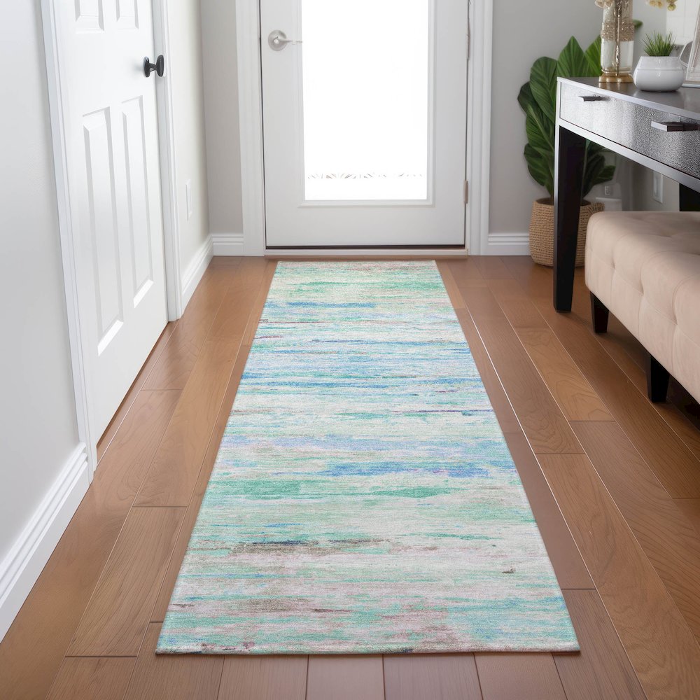 Machine Washable Indoor/Outdoor Chantille Teal 2'3" x 7'6" Runner Rug. Picture 5