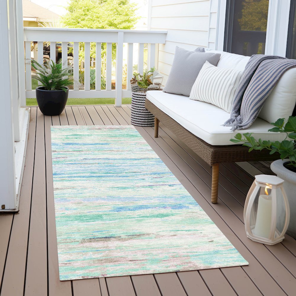 Machine Washable Indoor/Outdoor Chantille Teal 2'3" x 7'6" Runner Rug. Picture 6