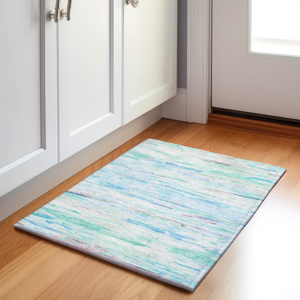 Machine Washable Indoor/Outdoor Chantille Teal 1'8" x 2'6" Rug. Picture 5