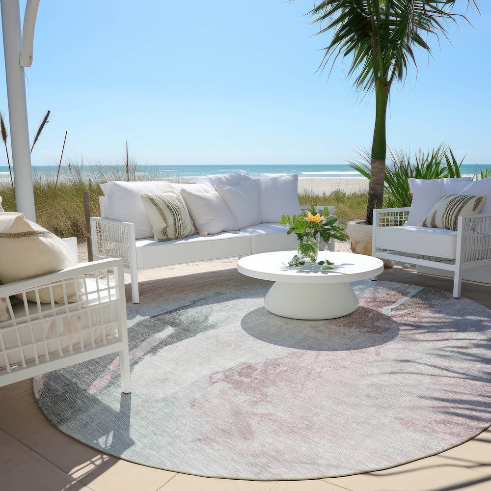 Machine Washable Indoor/Outdoor Chantille Blush 8' x 8' Round Rug. Picture 6