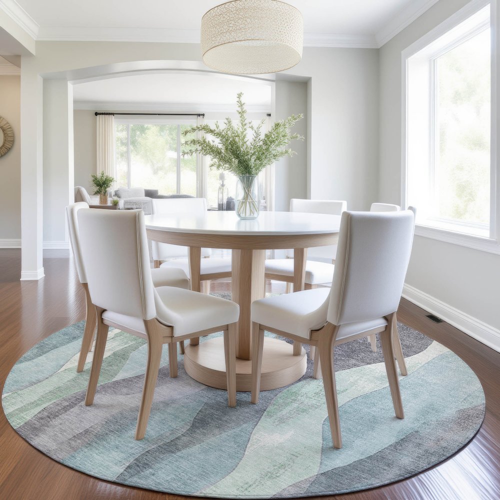 Machine Washable Indoor/Outdoor Chantille Teal 8' x 8' Round Rug. Picture 5