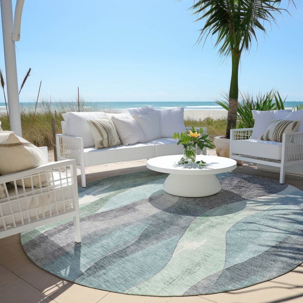 Machine Washable Indoor/Outdoor Chantille Teal 8' x 8' Round Rug. Picture 6