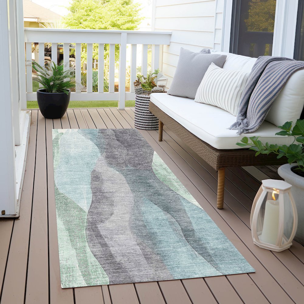 Machine Washable Indoor/Outdoor Chantille Teal 2'3" x 7'6" Runner Rug. Picture 6
