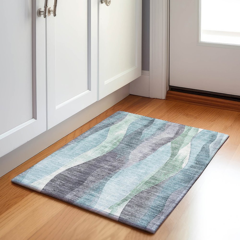 Machine Washable Indoor/Outdoor Chantille Teal 1'8" x 2'6" Rug. Picture 5
