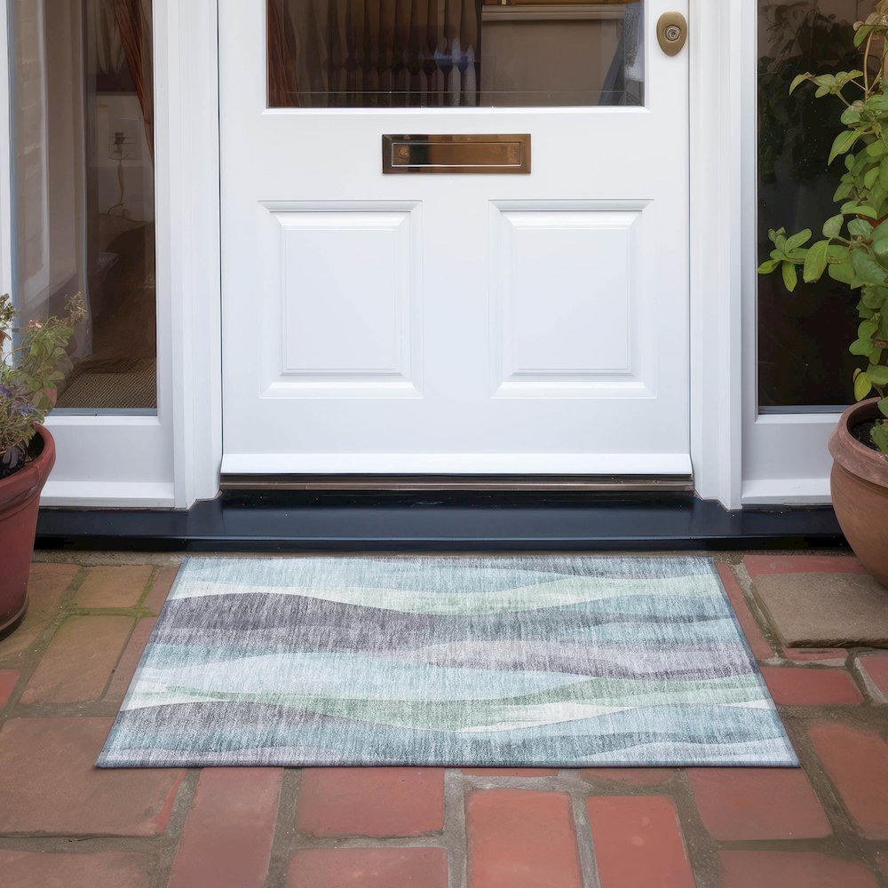 Machine Washable Indoor/Outdoor Chantille Teal 1'8" x 2'6" Rug. Picture 6