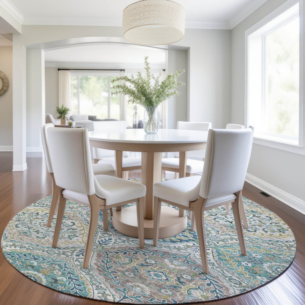 Machine Washable Indoor/Outdoor Chantille Teal 8' x 8' Round Rug. Picture 5