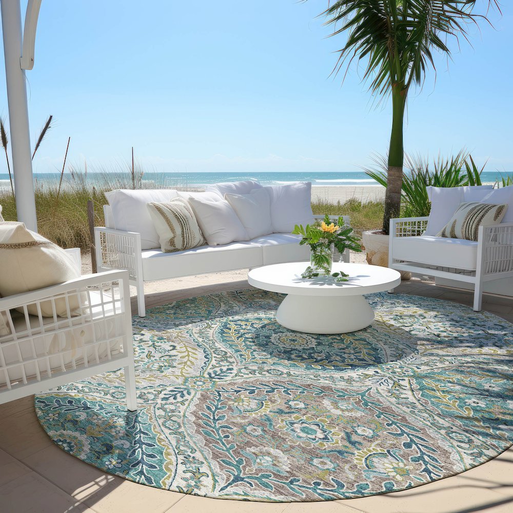 Machine Washable Indoor/Outdoor Chantille Teal 8' x 8' Round Rug. Picture 6