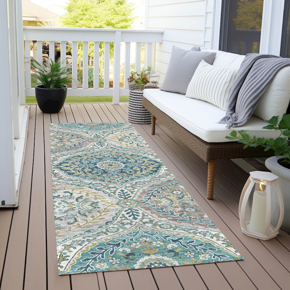 Machine Washable Indoor/Outdoor Chantille Teal 2'3" x 7'6" Runner Rug. Picture 6