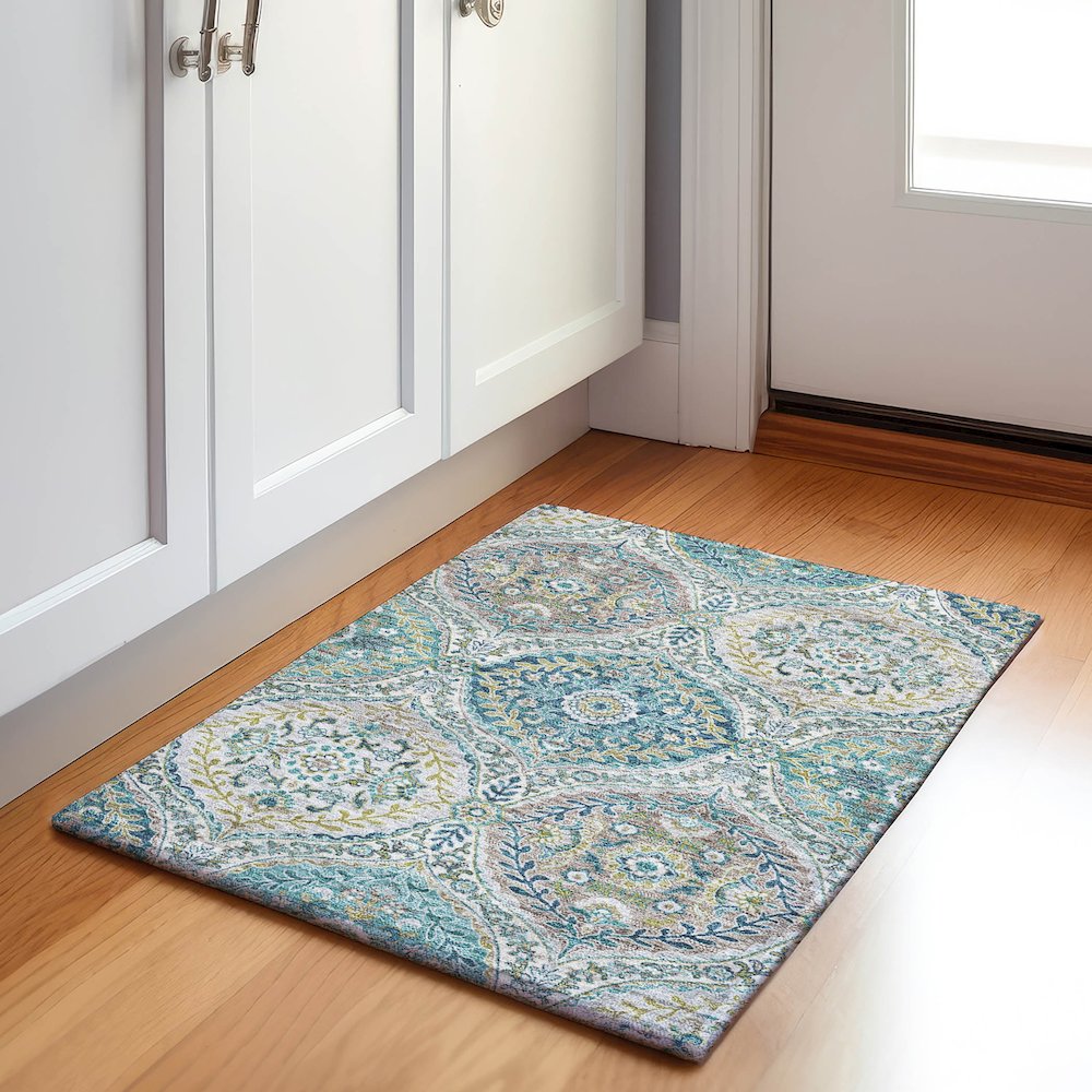 Machine Washable Indoor/Outdoor Chantille Teal 1'8" x 2'6" Rug. Picture 5