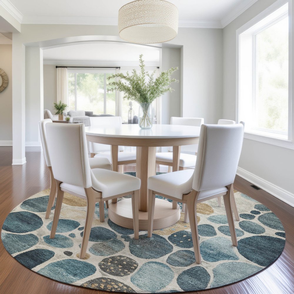 Machine Washable Indoor/Outdoor Chantille Teal 8' x 8' Round Rug. Picture 5
