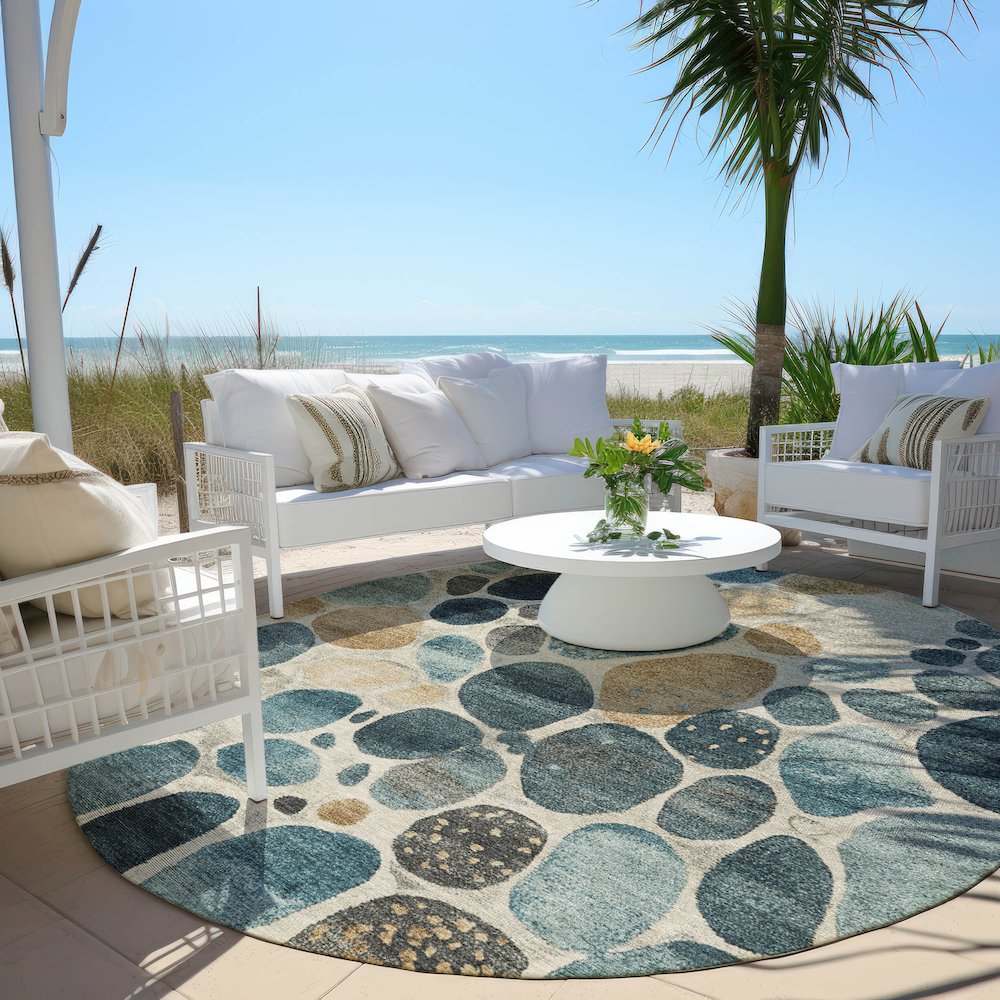 Machine Washable Indoor/Outdoor Chantille Teal 8' x 8' Round Rug. Picture 6