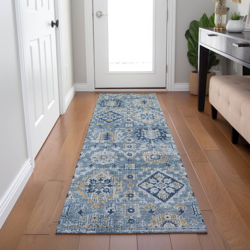 Machine Washable Indoor/Outdoor Chantille Denim 2'3" x 7'6" Runner Rug. Picture 5