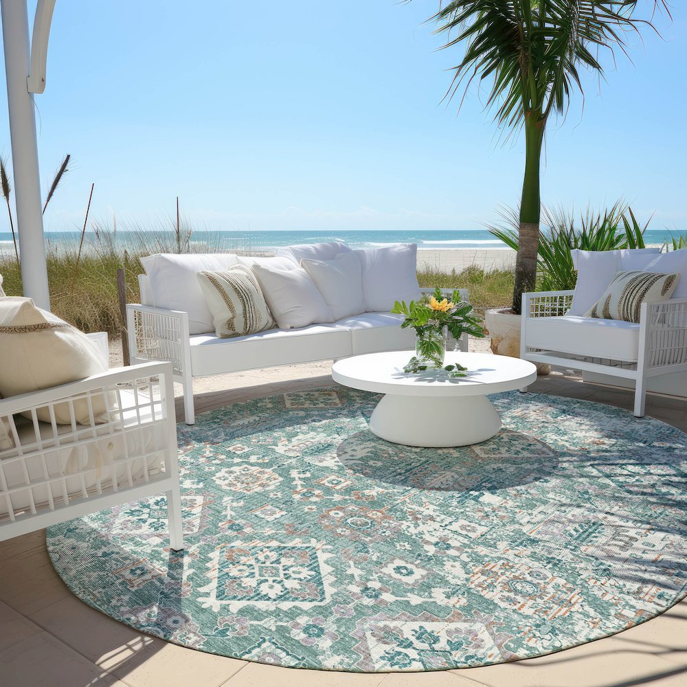 Machine Washable Indoor/Outdoor Chantille Seafoam 8' x 8' Round Rug. Picture 6