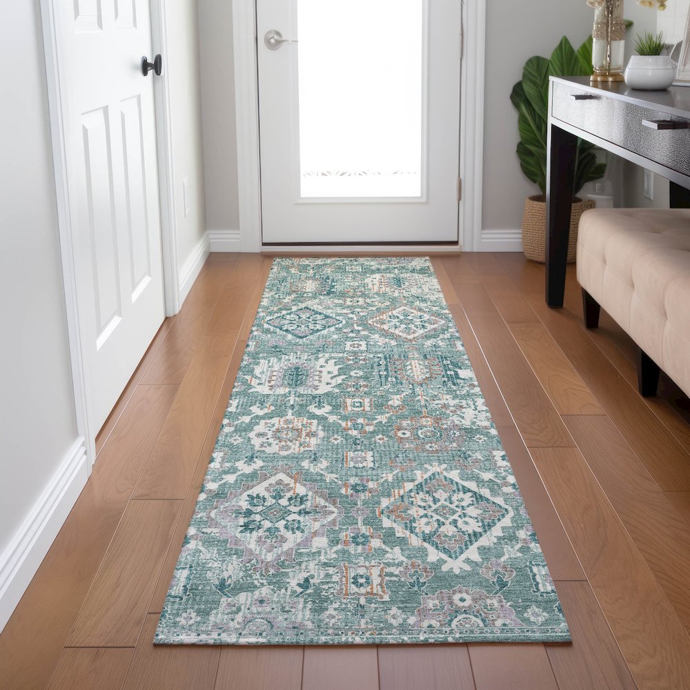 Machine Washable Indoor/Outdoor Chantille Seafoam 2'3" x 7'6" Runner Rug. Picture 5