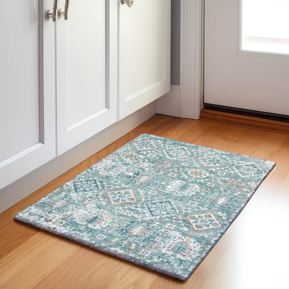 Machine Washable Indoor/Outdoor Chantille Seafoam 1'8" x 2'6" Rug. Picture 5