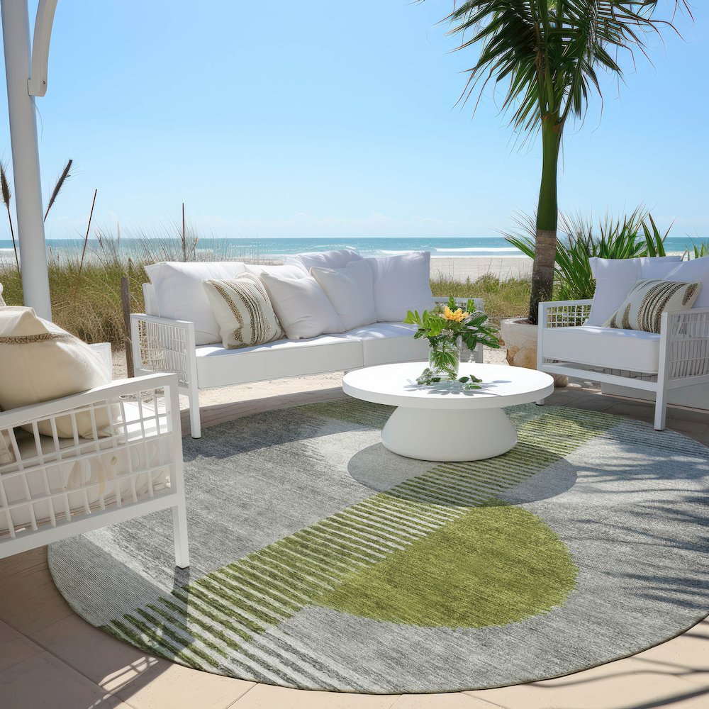 Machine Washable Indoor/Outdoor Chantille Olive 8' x 8' Round Rug. Picture 6