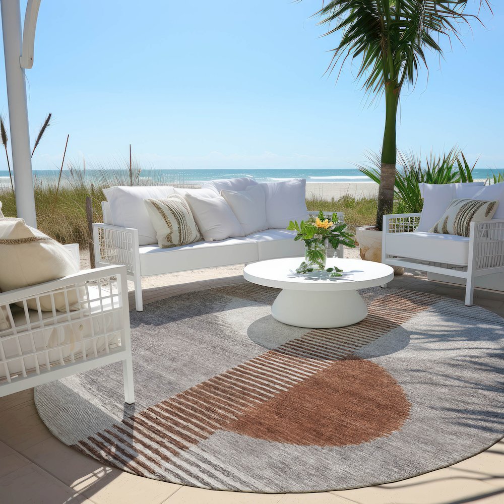 Machine Washable Indoor/Outdoor Chantille Taupe 8' x 8' Round Rug. Picture 6