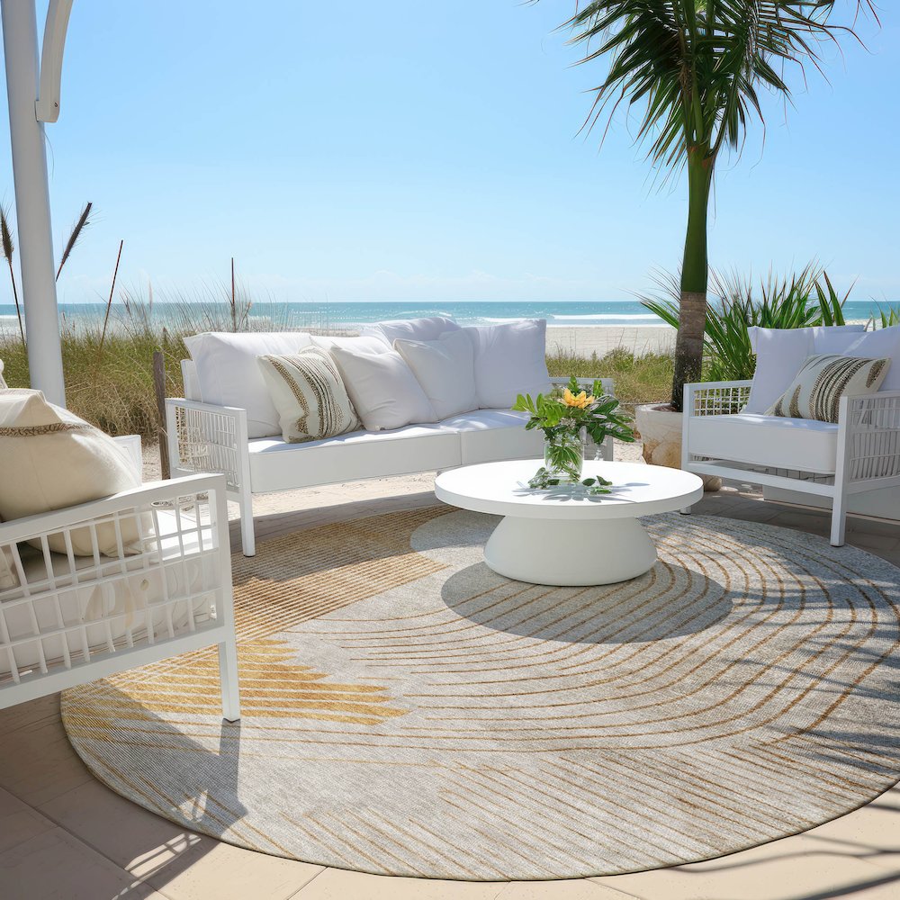 Machine Washable Indoor/Outdoor Chantille Gold 8' x 8' Round Rug. Picture 6