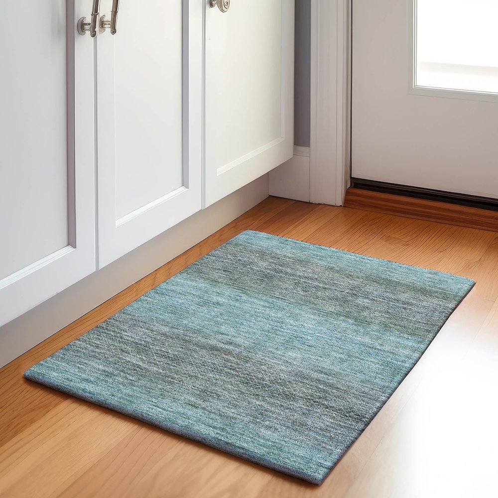 Machine Washable Indoor/Outdoor Chantille Teal 1'8" x 2'6" Rug. Picture 5