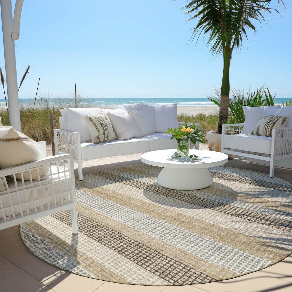 Machine Washable Indoor/Outdoor Chantille Beige 8' x 8' Round Rug. Picture 6