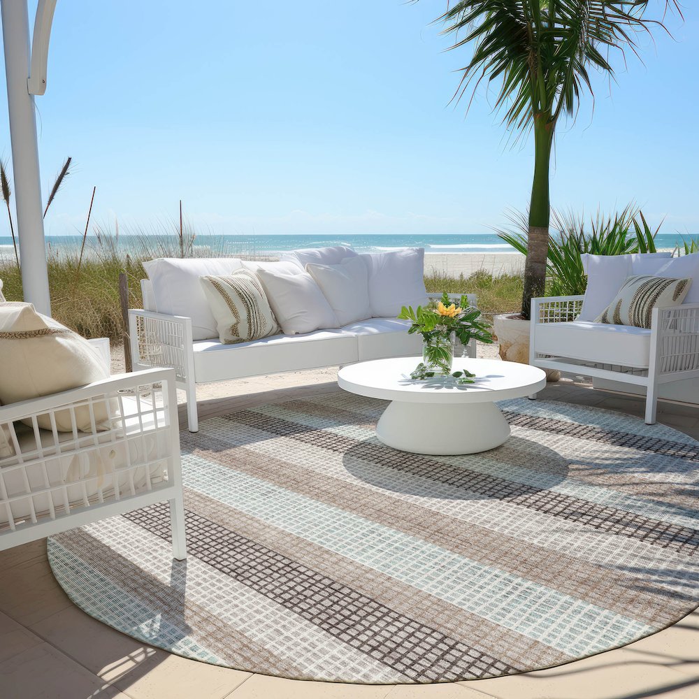 Machine Washable Indoor/Outdoor Chantille Taupe 8' x 8' Round Rug. Picture 6