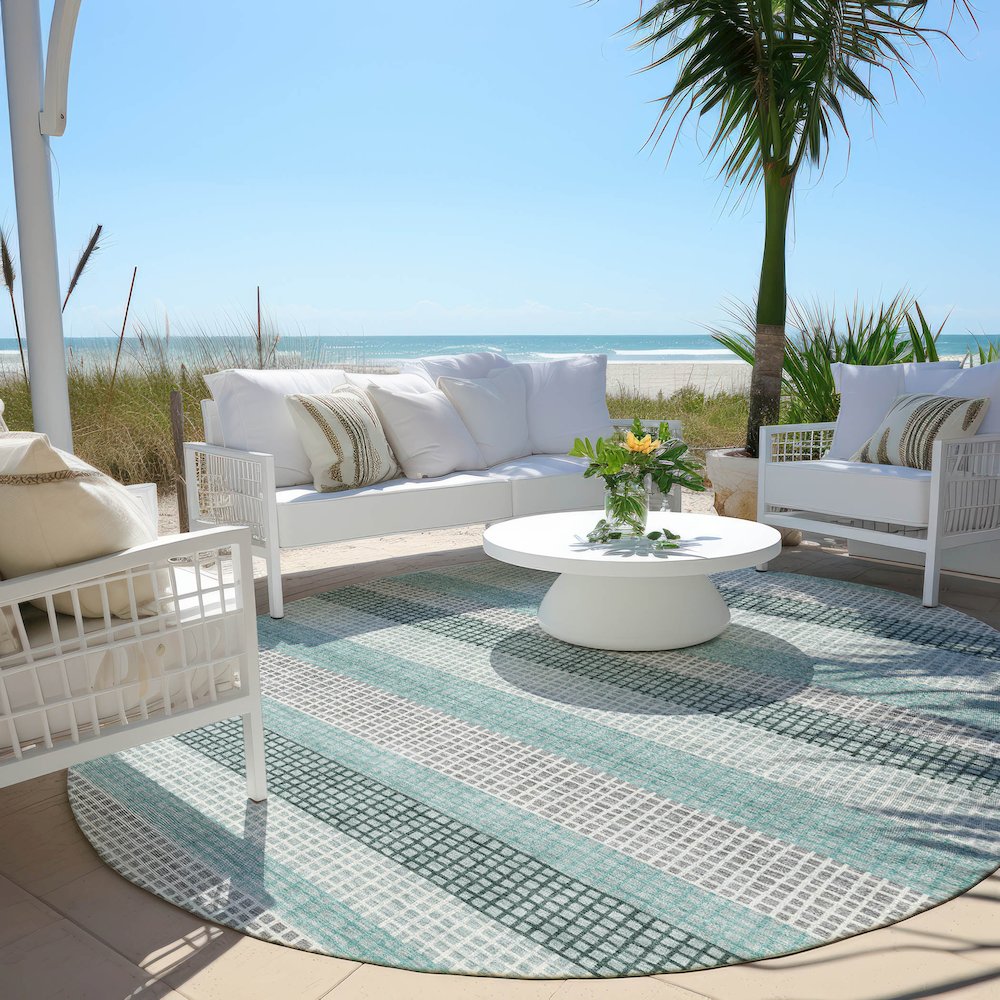 Machine Washable Indoor/Outdoor Chantille Teal 8' x 8' Round Rug. Picture 6
