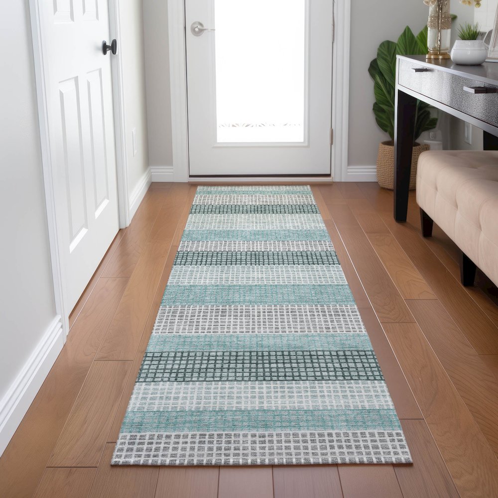 Machine Washable Indoor/Outdoor Chantille Teal 2'3" x 7'6" Runner Rug. Picture 5