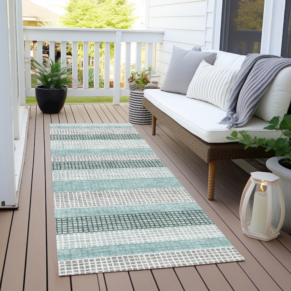 Machine Washable Indoor/Outdoor Chantille Teal 2'3" x 7'6" Runner Rug. Picture 6