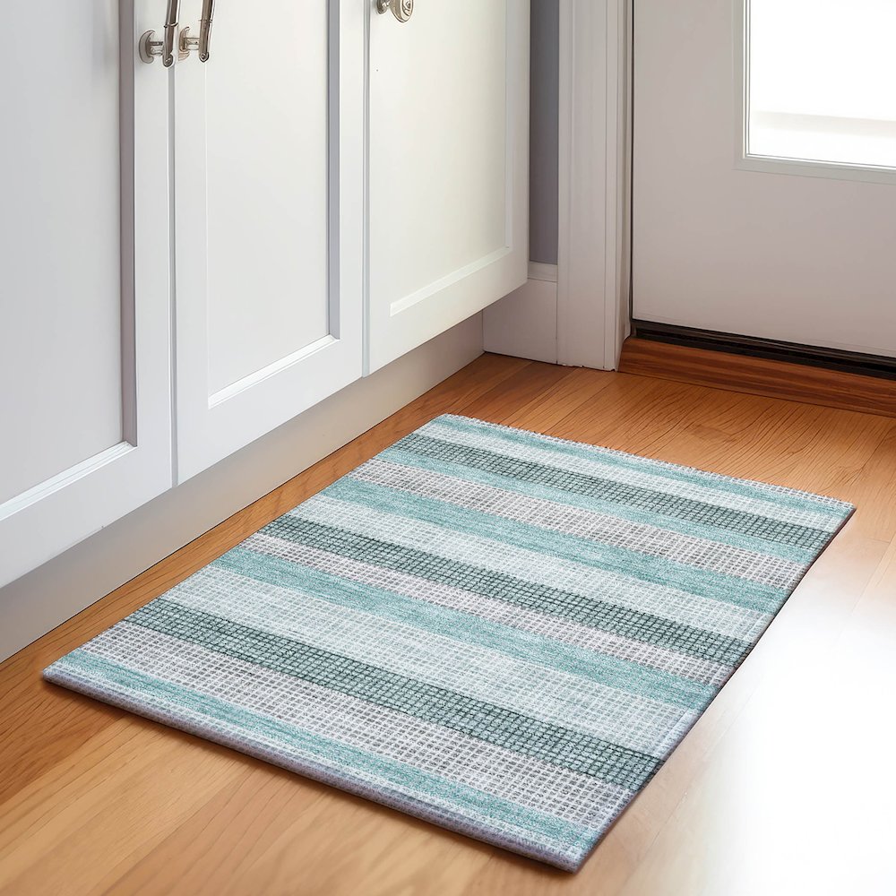 Machine Washable Indoor/Outdoor Chantille Teal 1'8" x 2'6" Rug. Picture 5