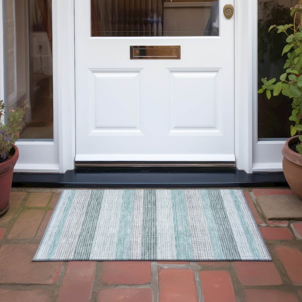 Machine Washable Indoor/Outdoor Chantille Teal 1'8" x 2'6" Rug. Picture 6