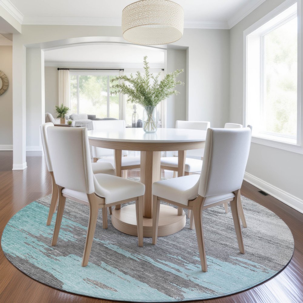 Machine Washable Indoor/Outdoor Chantille Teal 8' x 8' Round Rug. Picture 5