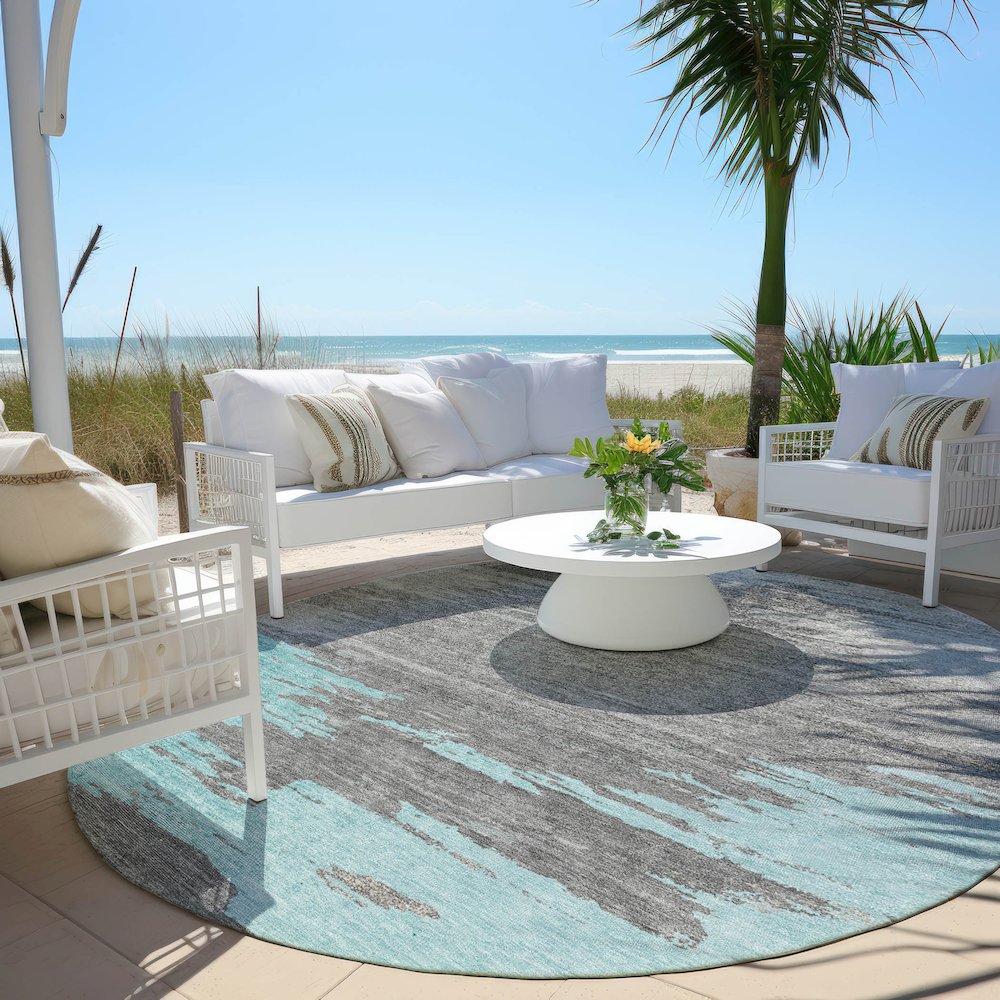 Machine Washable Indoor/Outdoor Chantille Teal 8' x 8' Round Rug. Picture 6