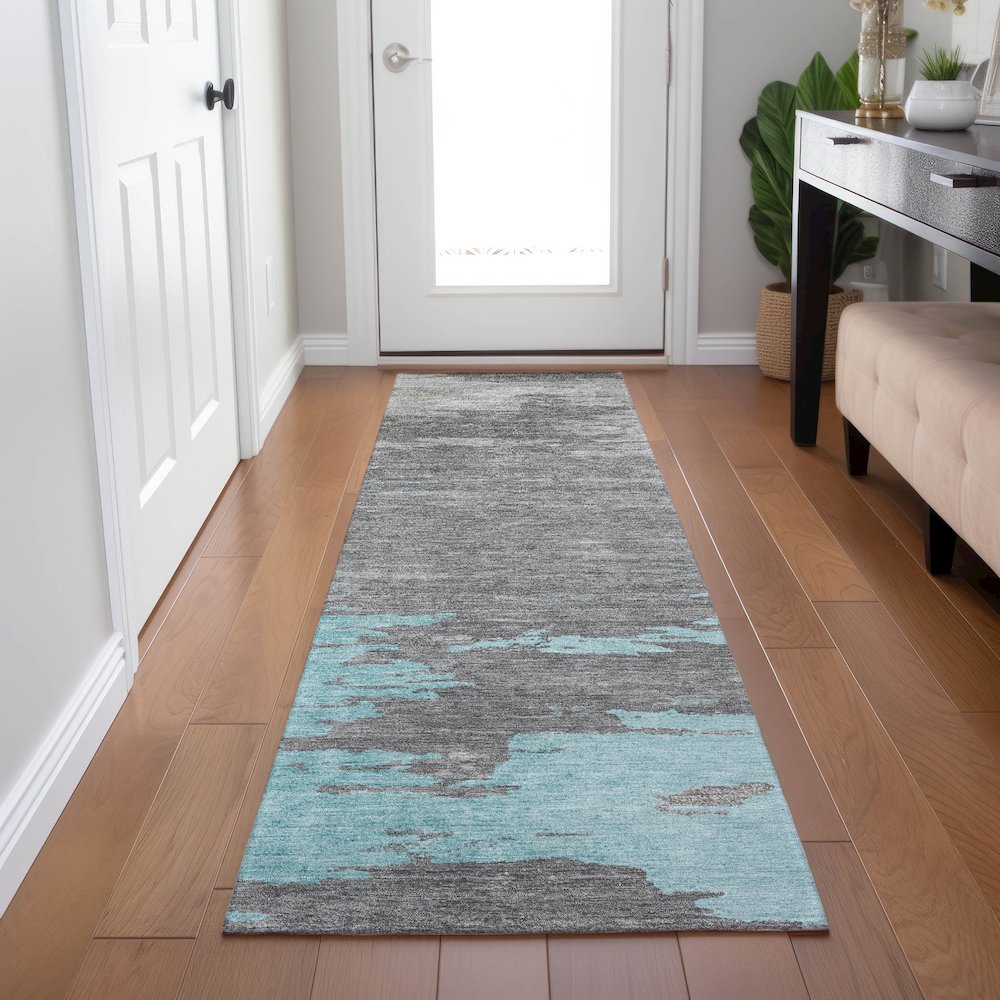 Machine Washable Indoor/Outdoor Chantille Teal 2'3" x 7'6" Runner Rug. Picture 5