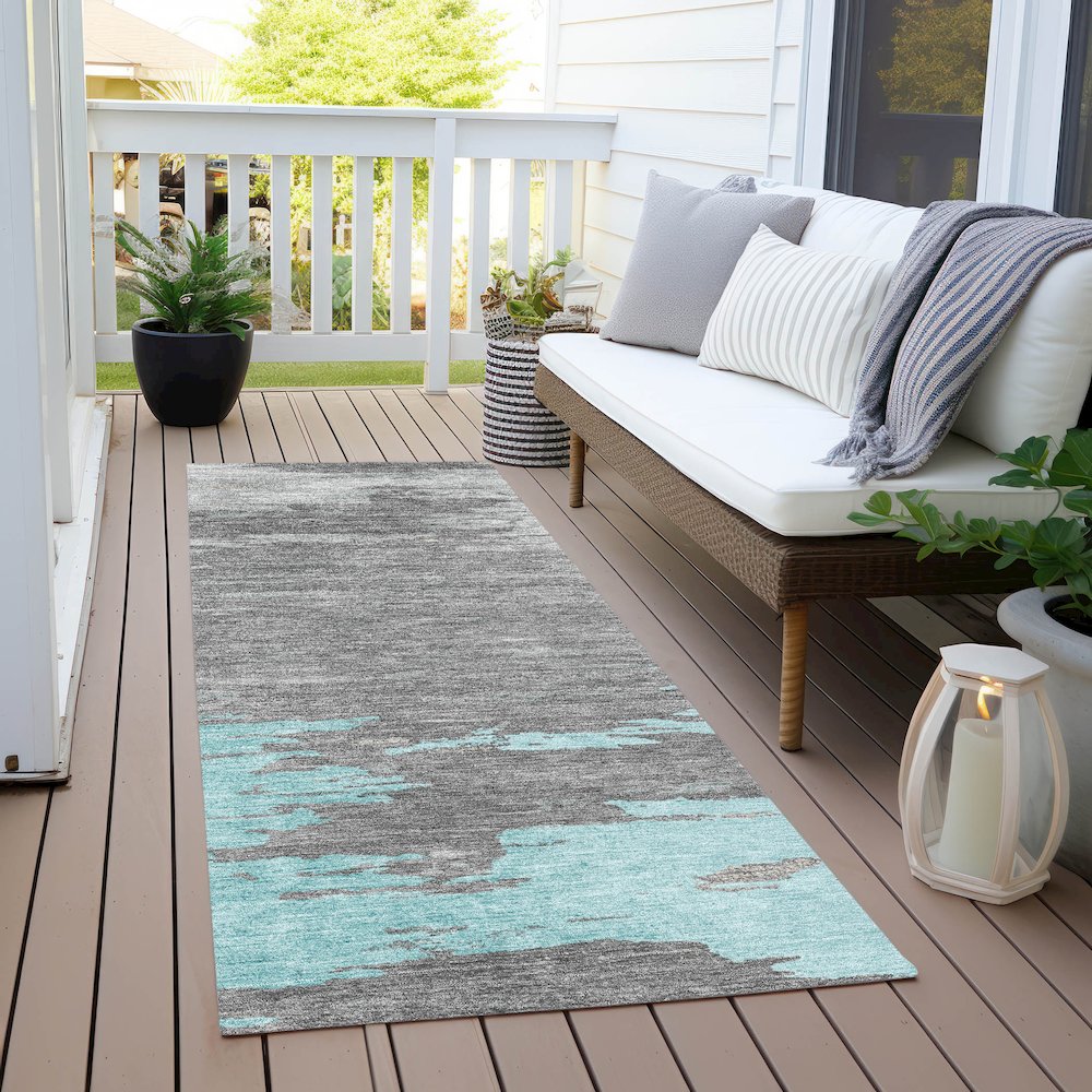 Machine Washable Indoor/Outdoor Chantille Teal 2'3" x 7'6" Runner Rug. Picture 6