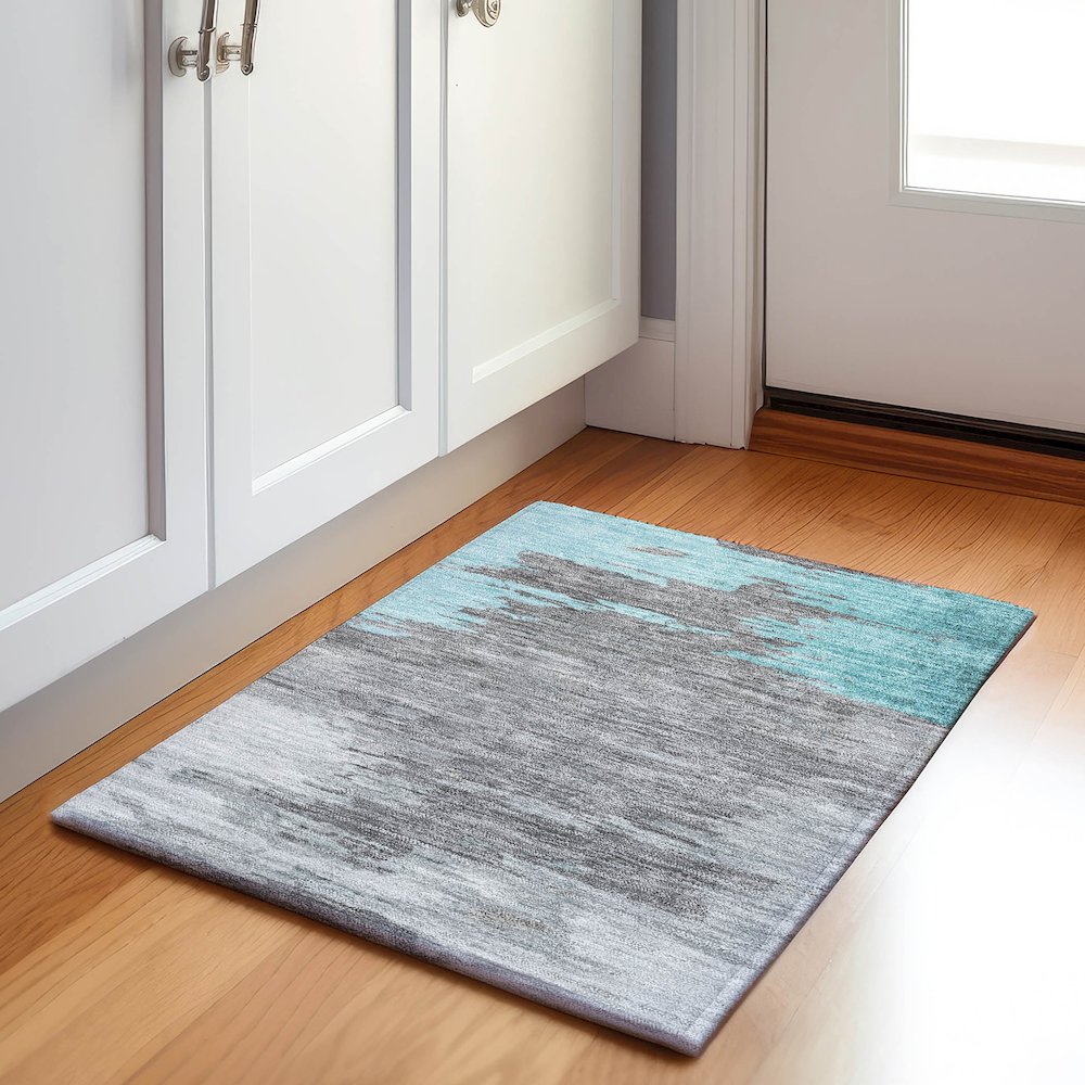 Machine Washable Indoor/Outdoor Chantille Teal 1'8" x 2'6" Rug. Picture 5