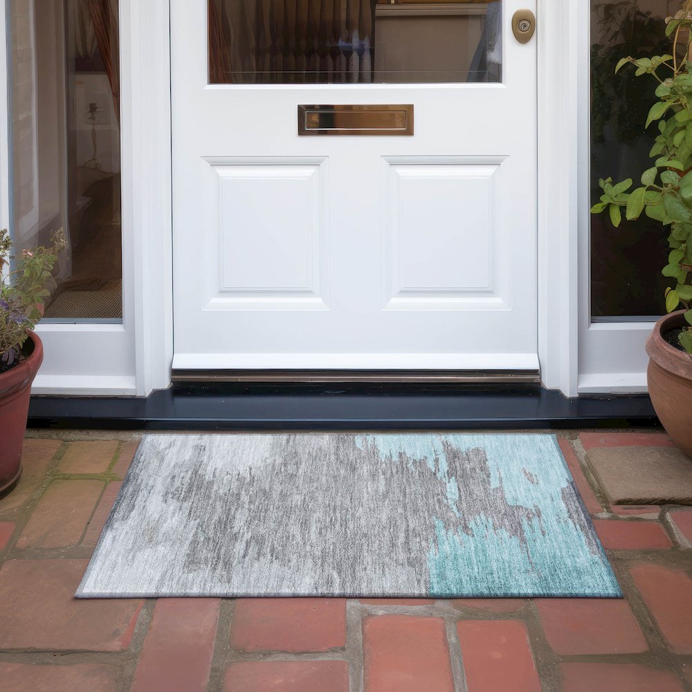 Machine Washable Indoor/Outdoor Chantille Teal 1'8" x 2'6" Rug. Picture 6