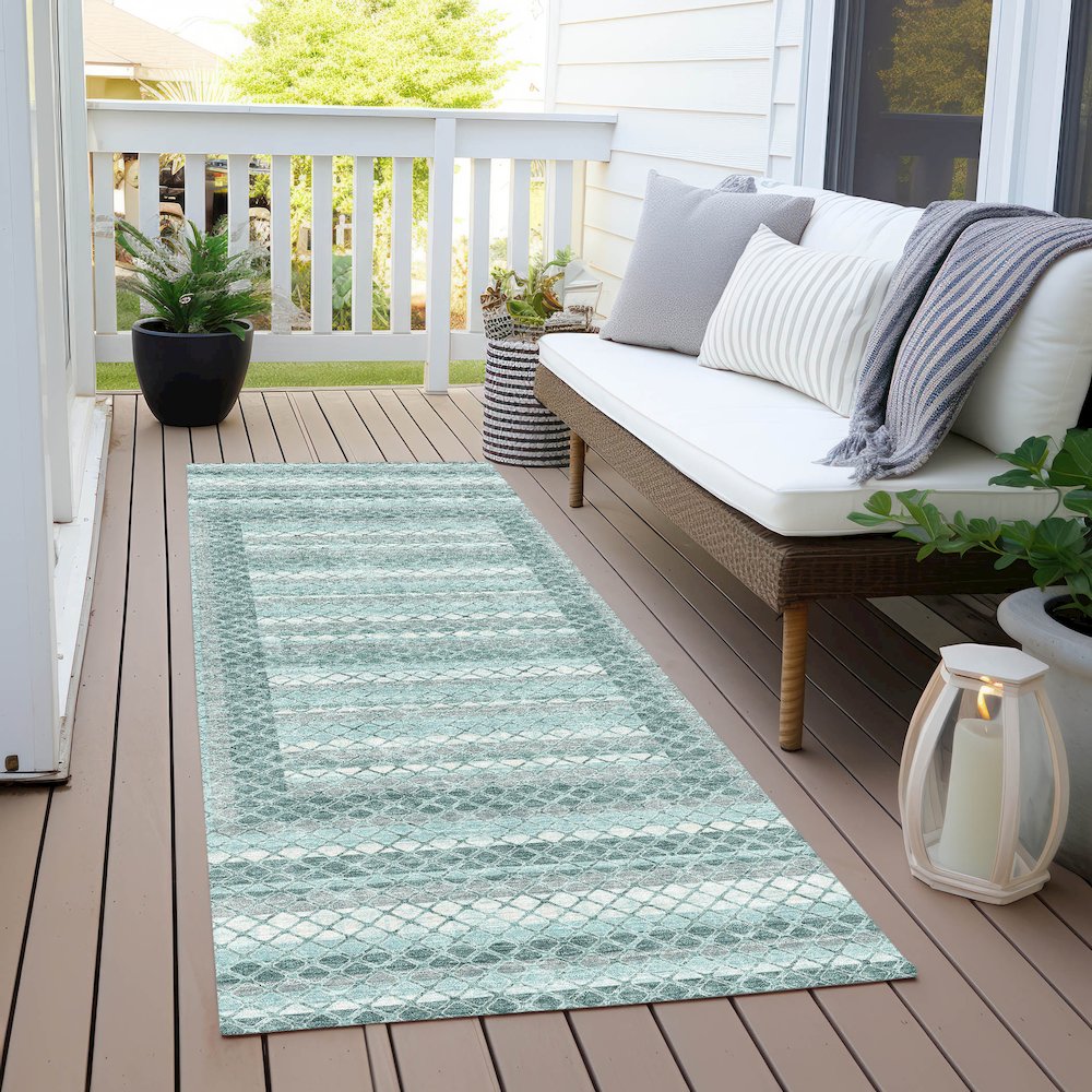 Machine Washable Indoor/Outdoor Chantille Teal 2'3" x 7'6" Runner Rug. Picture 6