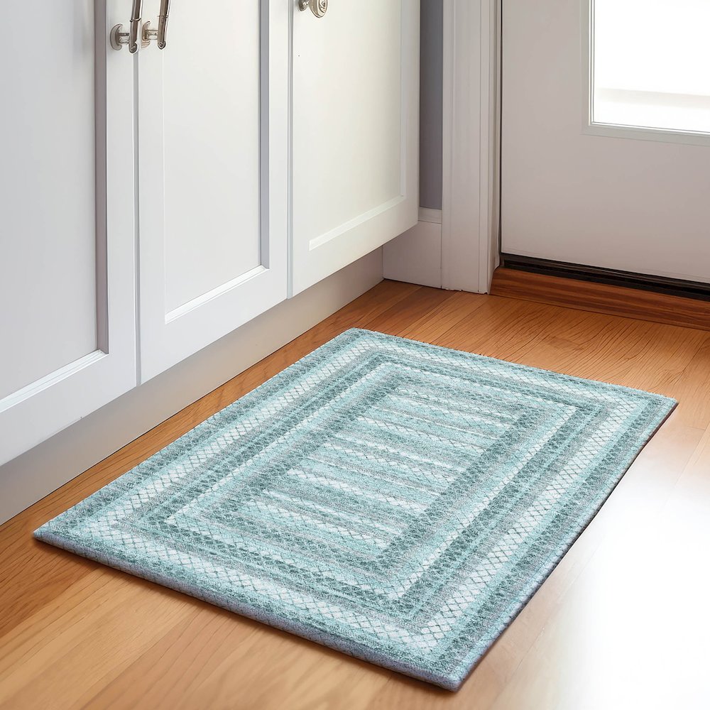 Machine Washable Indoor/Outdoor Chantille Teal 1'8" x 2'6" Rug. Picture 5