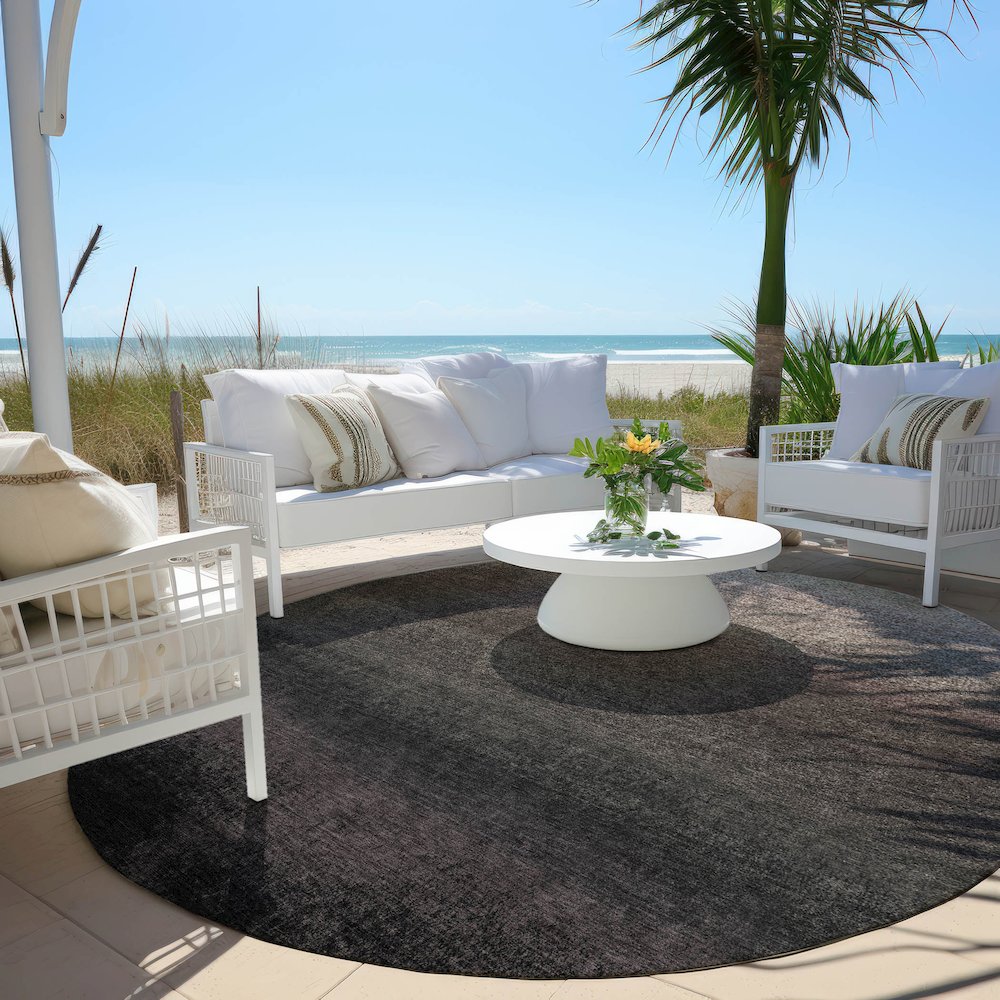 Machine Washable Indoor/Outdoor Chantille Black 8' x 8' Round Rug. Picture 6