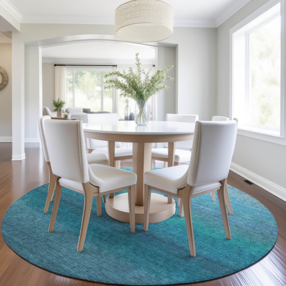 Machine Washable Indoor/Outdoor Chantille Teal 8' x 8' Round Rug. Picture 5