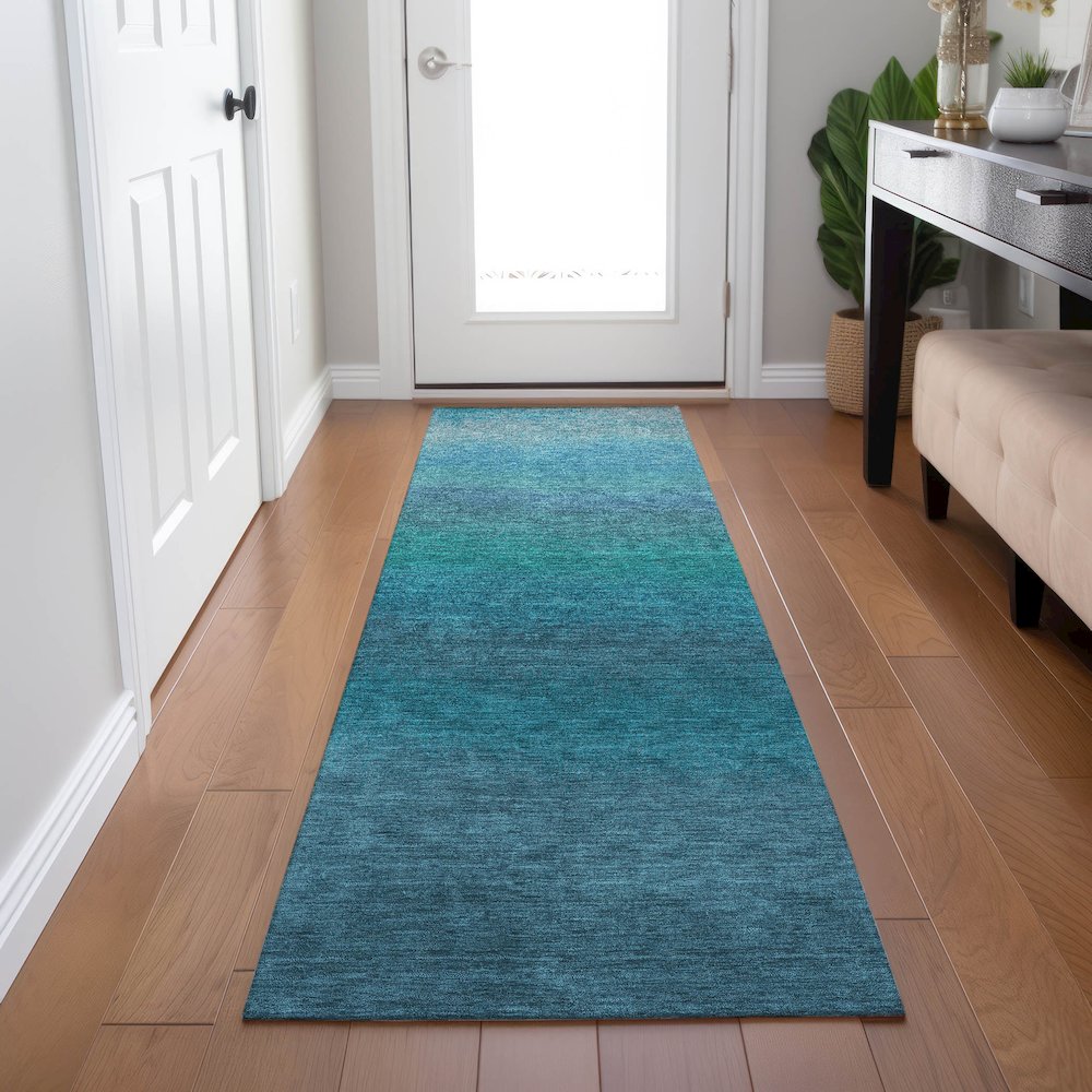 Machine Washable Indoor/Outdoor Chantille Teal 2'3" x 7'6" Runner Rug. Picture 5