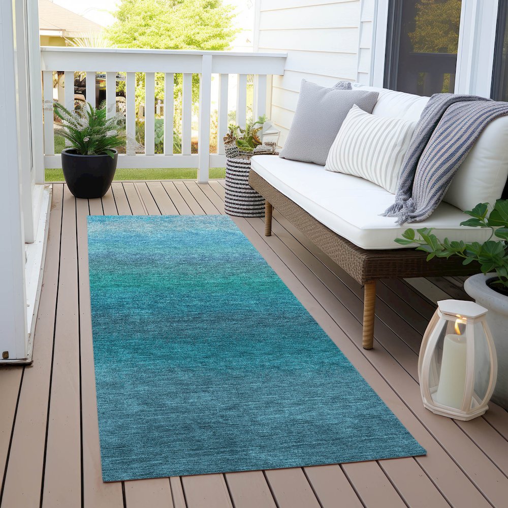Machine Washable Indoor/Outdoor Chantille Teal 2'3" x 7'6" Runner Rug. Picture 6