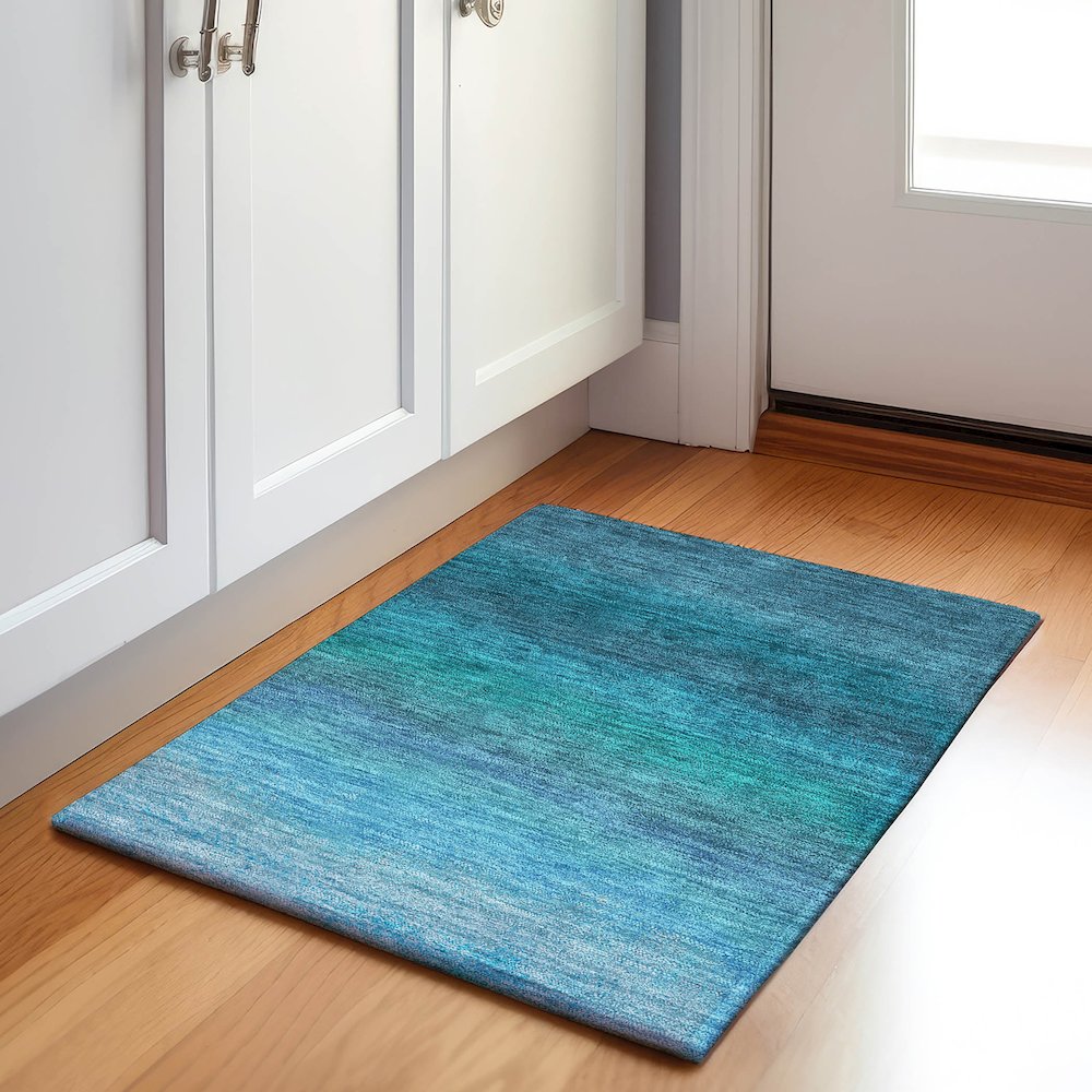 Machine Washable Indoor/Outdoor Chantille Teal 1'8" x 2'6" Rug. Picture 5